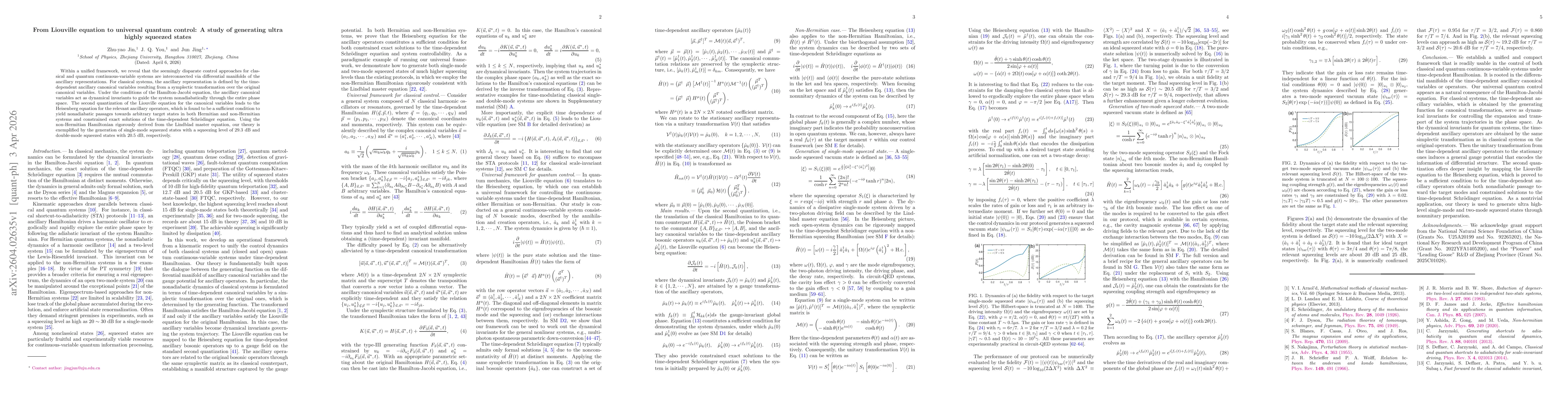 Thumbnail for From Liouville equation to universal quantum control: A study of generating ultra highly squeezed states