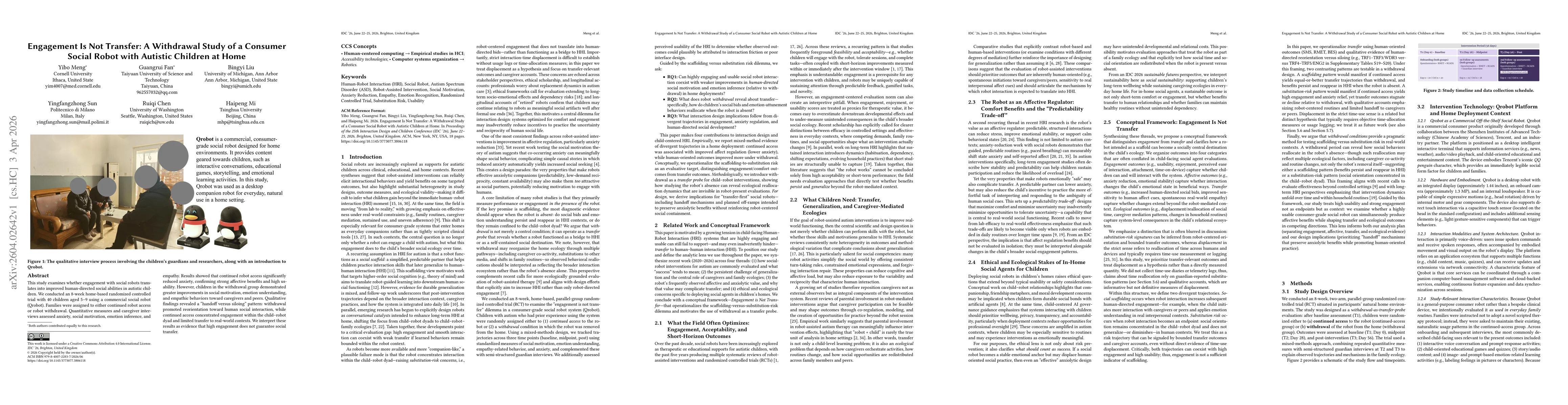 Thumbnail for Engagement Is Not Transfer: A Withdrawal Study of a Consumer Social Robot with Autistic Children at Home