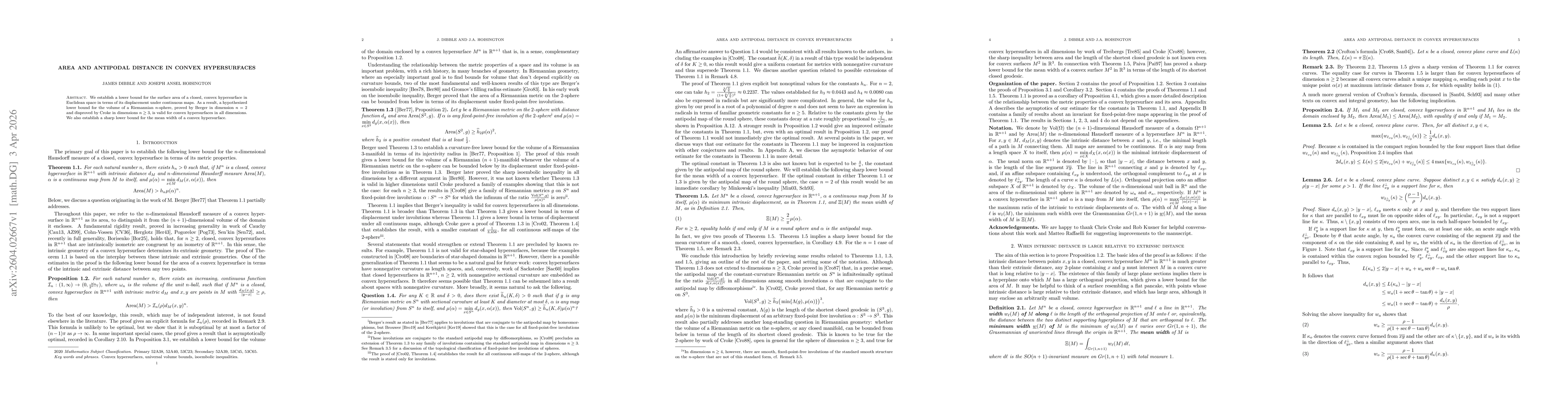 Thumbnail for Area and antipodal distance in convex hypersurfaces