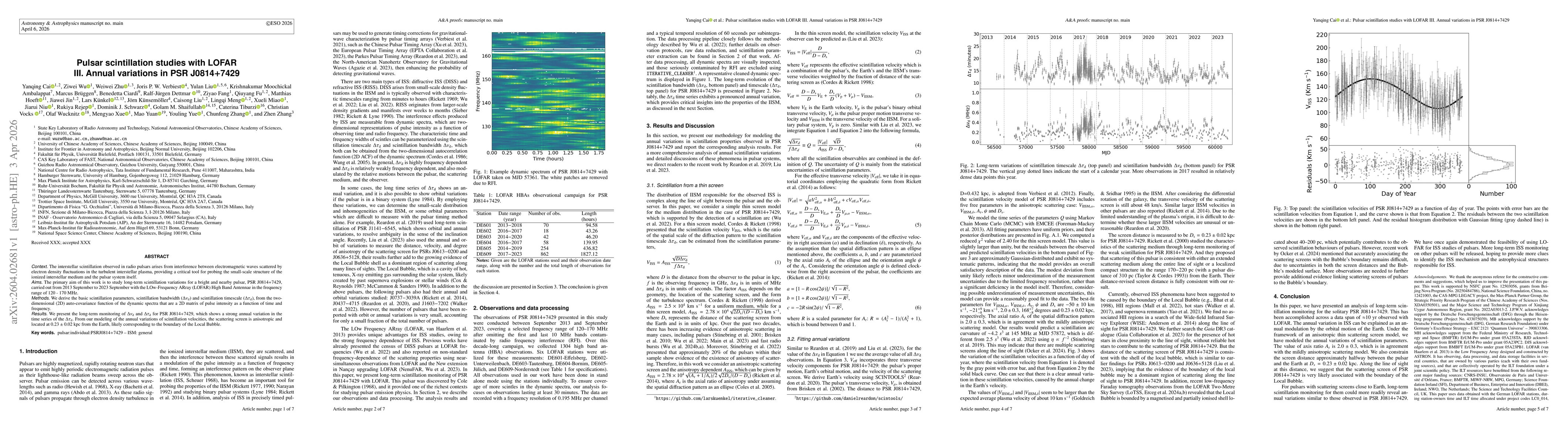 Thumbnail for Pulsar scintillation studies with LOFAR III. Annual variations in PSR~J0814$+$7429