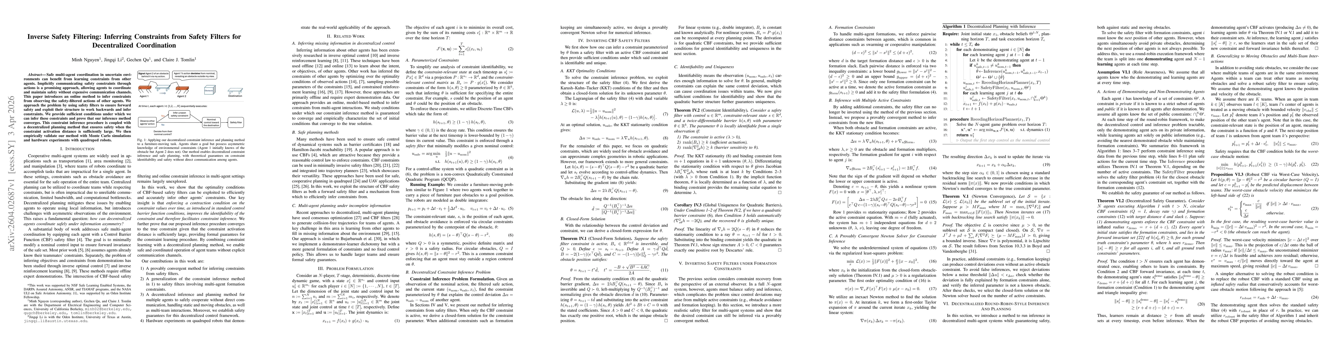 Thumbnail for Inverse Safety Filtering: Inferring Constraints from Safety Filters for Decentralized Coordination