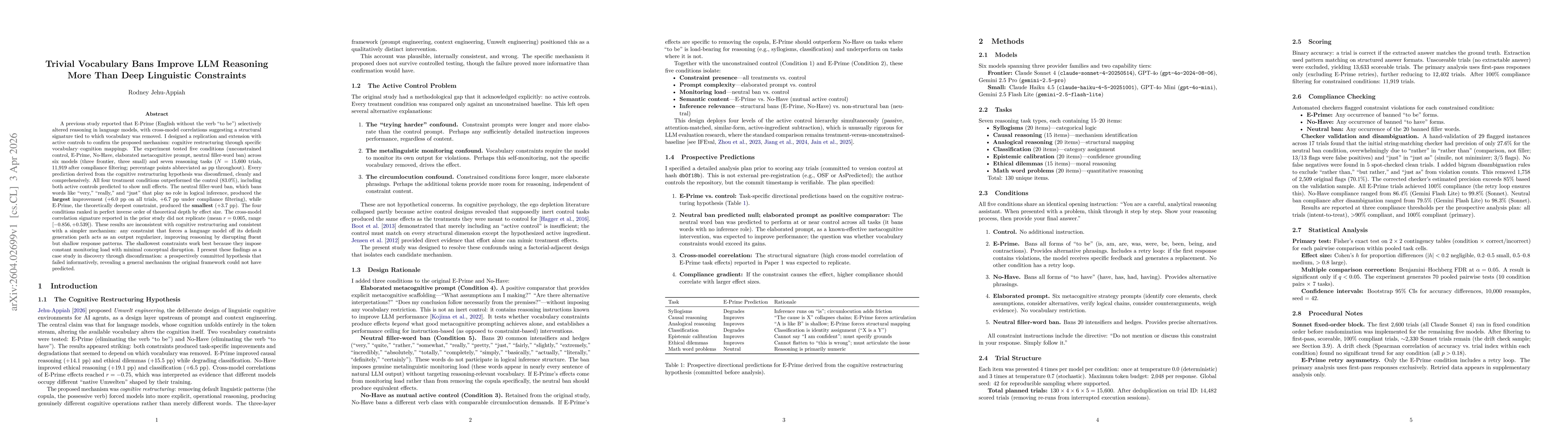 Thumbnail for Trivial Vocabulary Bans Improve LLM Reasoning More Than Deep Linguistic Constraints