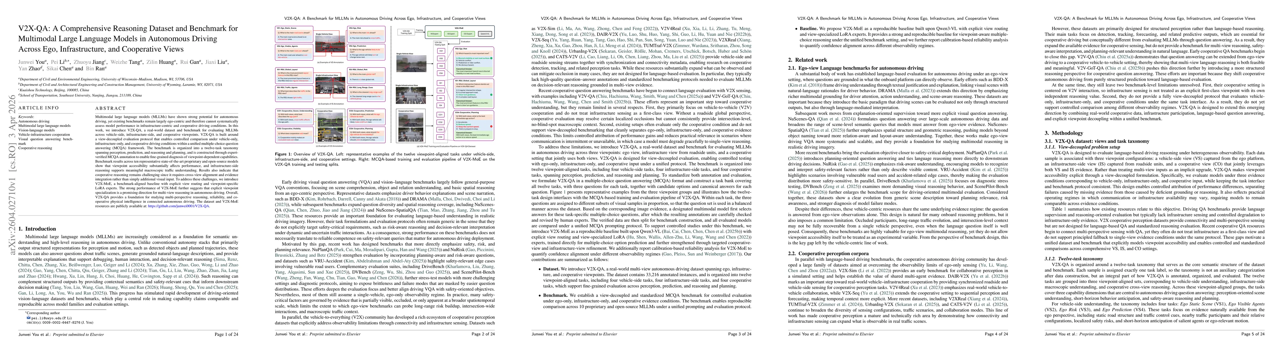 Thumbnail for V2X-QA: A Comprehensive Reasoning Dataset and Benchmark for Multimodal Large Language Models in Autonomous Driving Across Ego, Infrastructure, and Cooperative Views