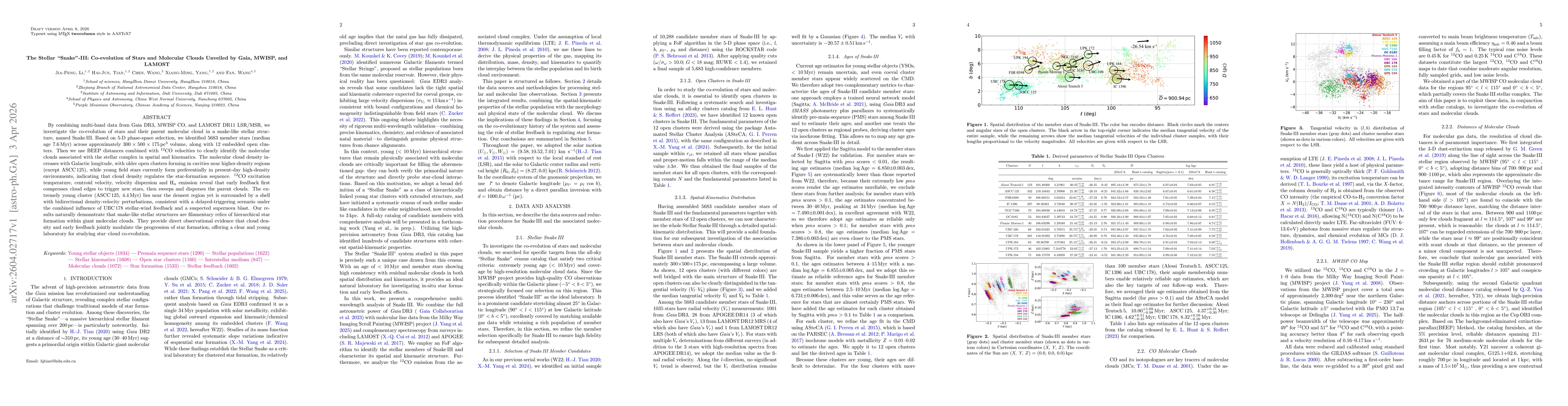 Thumbnail for The Stellar "Snake"-III: Co-evolution of Stars and Molecular Clouds Unveiled by Gaia, MWISP, and LAMOST