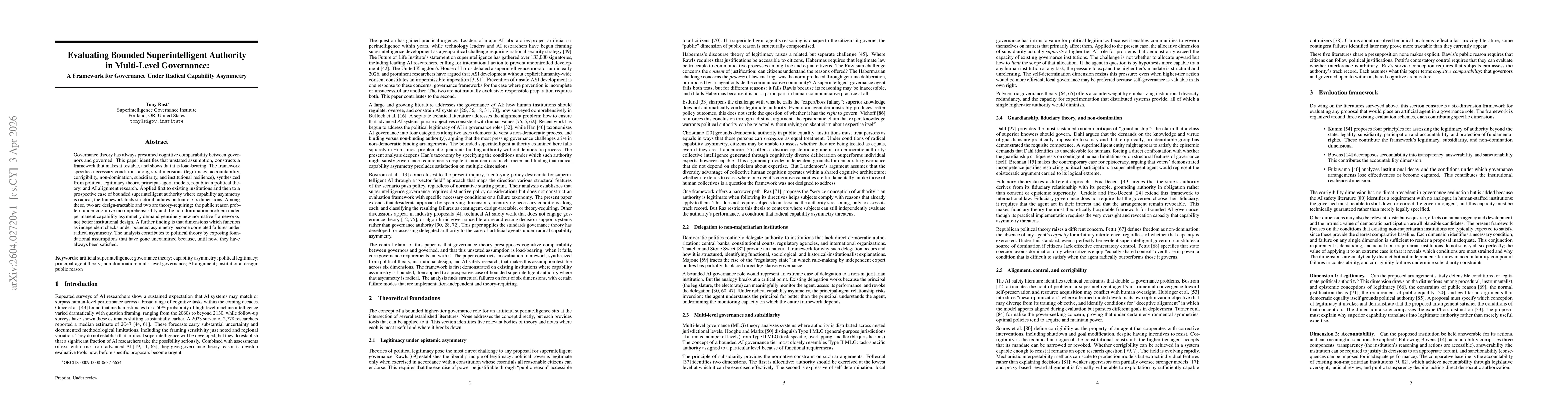Thumbnail for Evaluating Bounded Superintelligent Authority in Multi-Level Governance: A Framework for Governance Under Radical Capability Asymmetry