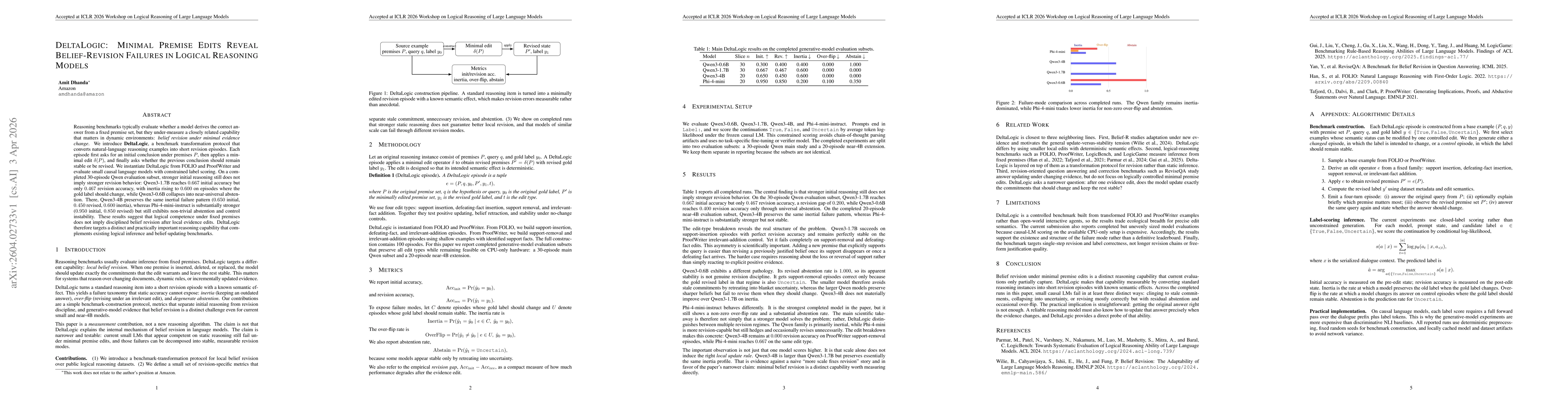 Thumbnail for DeltaLogic: Minimal Premise Edits Reveal Belief-Revision Failures in Logical Reasoning Models