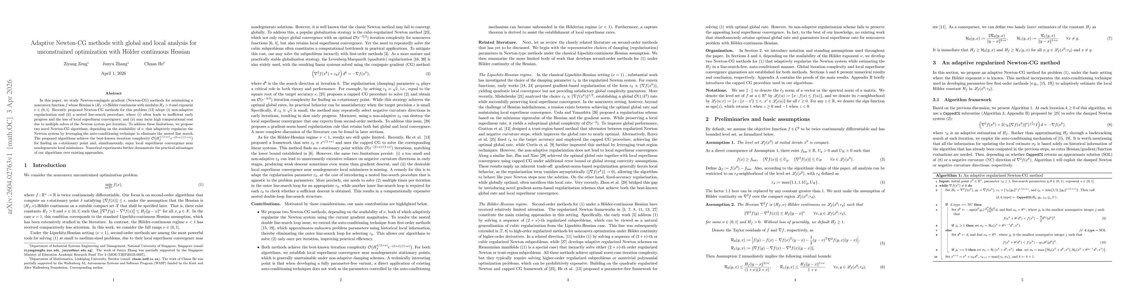 Thumbnail for Adaptive Newton-CG methods with global and local analysis for unconstrained optimization with Hölder continuous Hessian