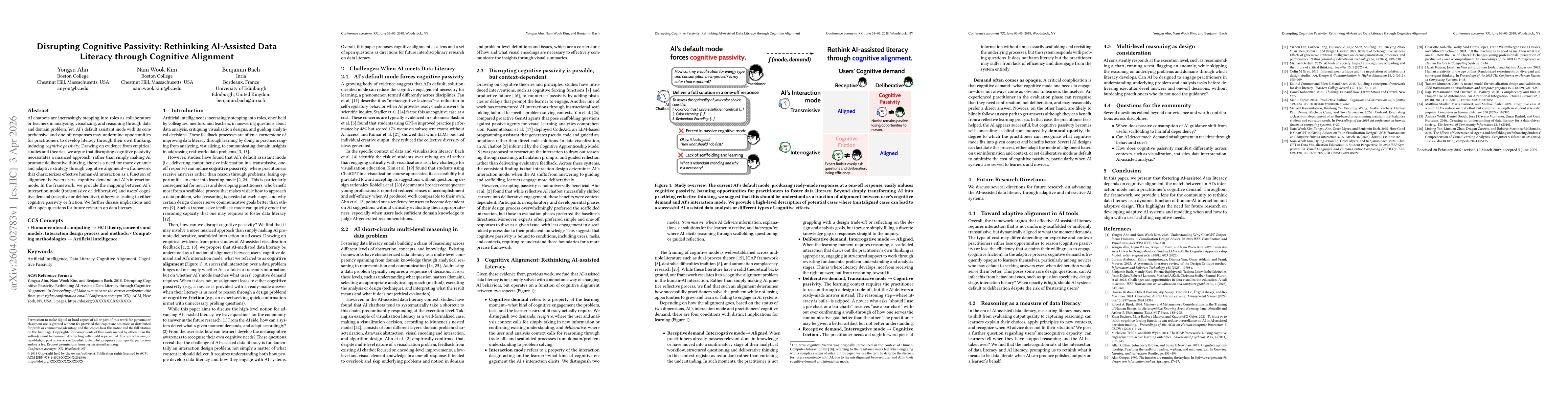 Thumbnail for Disrupting Cognitive Passivity: Rethinking AI-Assisted Data Literacy through Cognitive Alignment