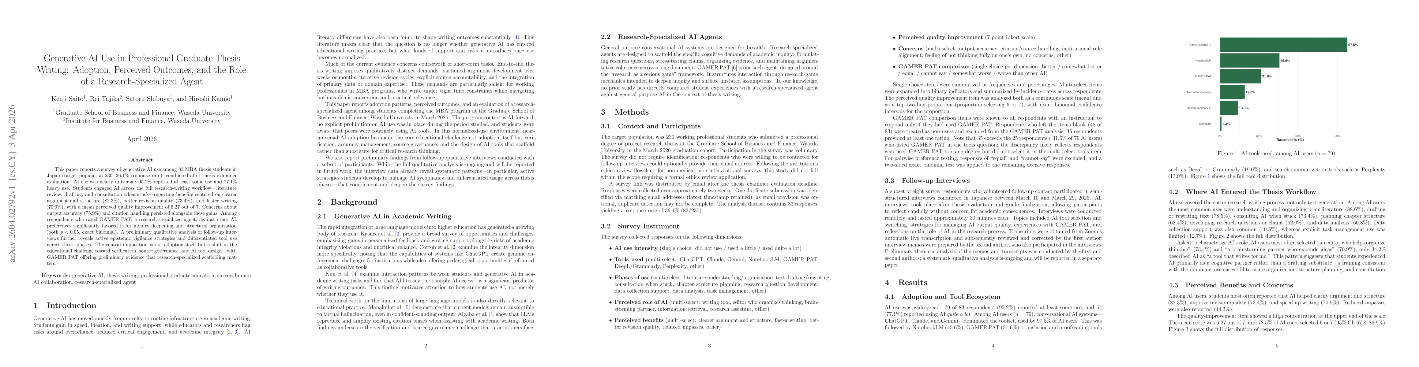Thumbnail for Generative AI Use in Professional Graduate Thesis Writing: Adoption, Perceived Outcomes, and the Role of a Research-Specialized Agent