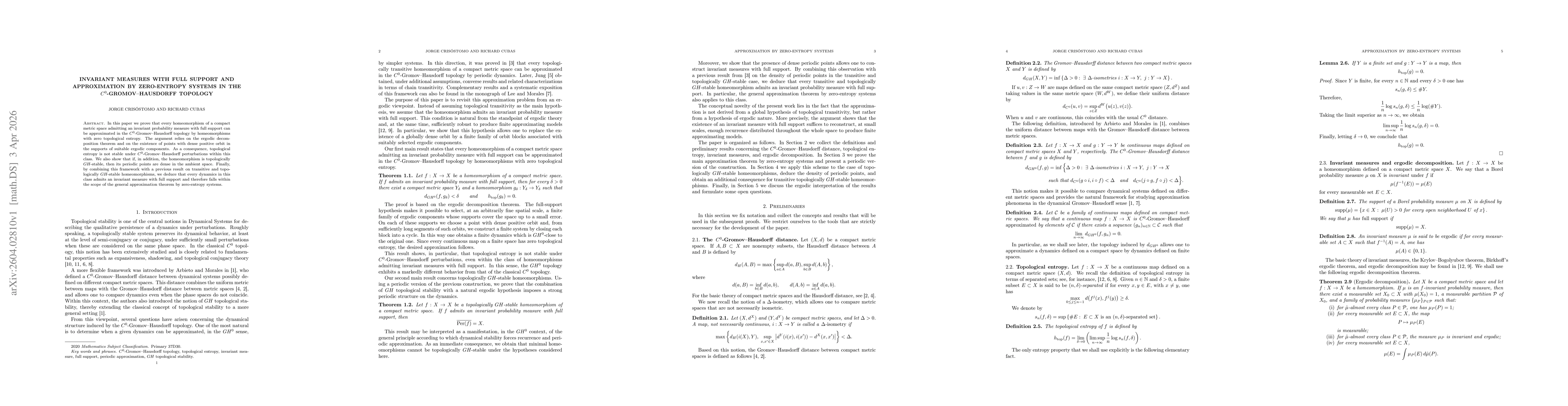 Thumbnail for Invariant measures with full support and approximation by zero-entropy systems in the $C^0$-Gromov--Hausdorff topology