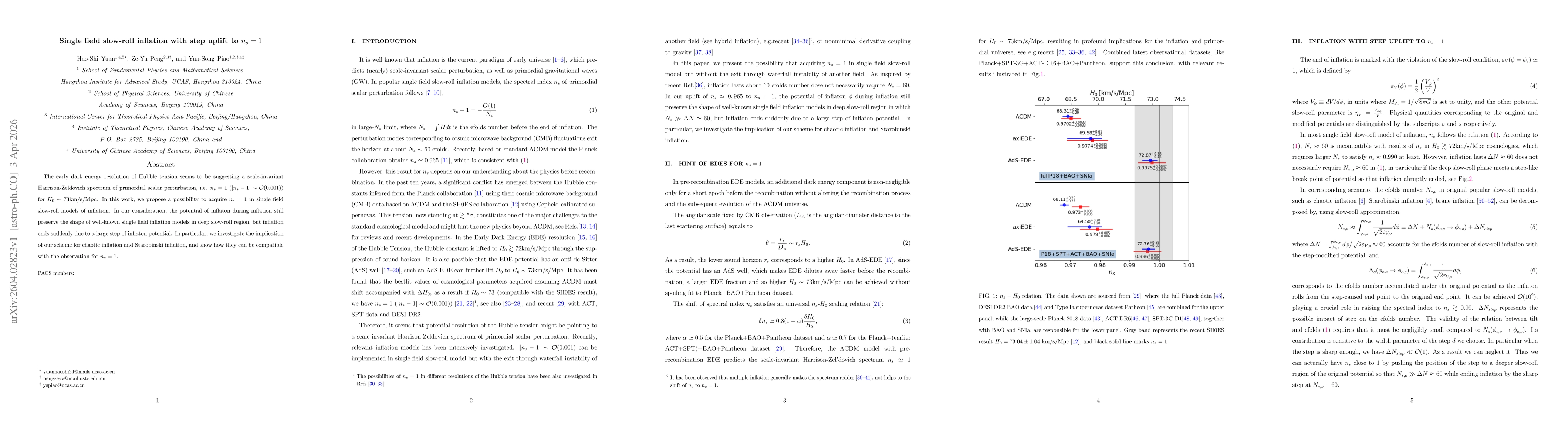 Thumbnail for Single field slow-roll inflation with step uplift to $n_s=1$