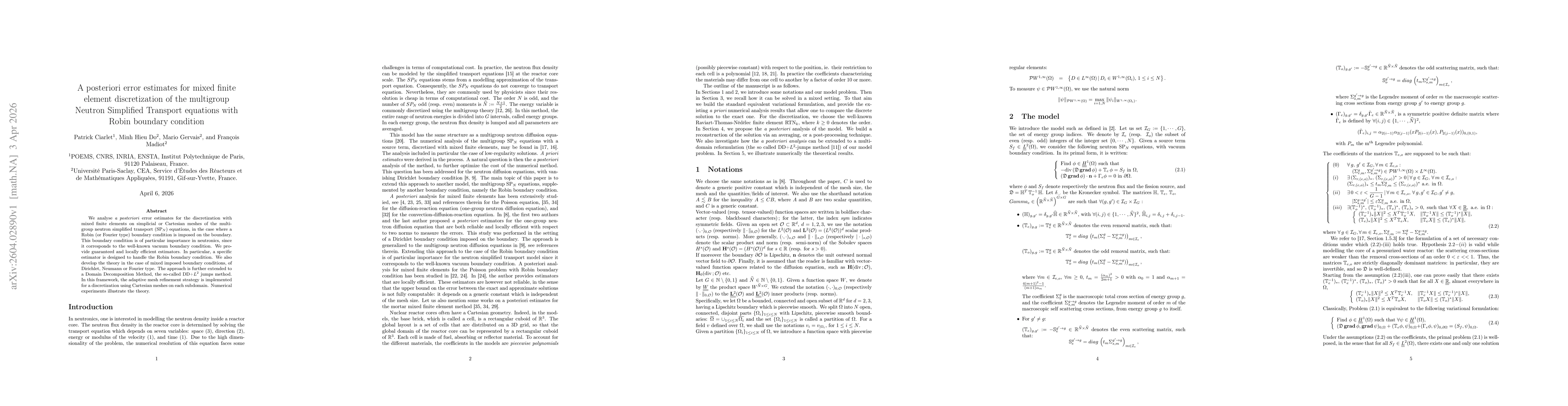 Thumbnail for A posteriori error estimates for mixed finite element discretization of the multigroup Neutron Simplified Transport equations with Robin boundary condition