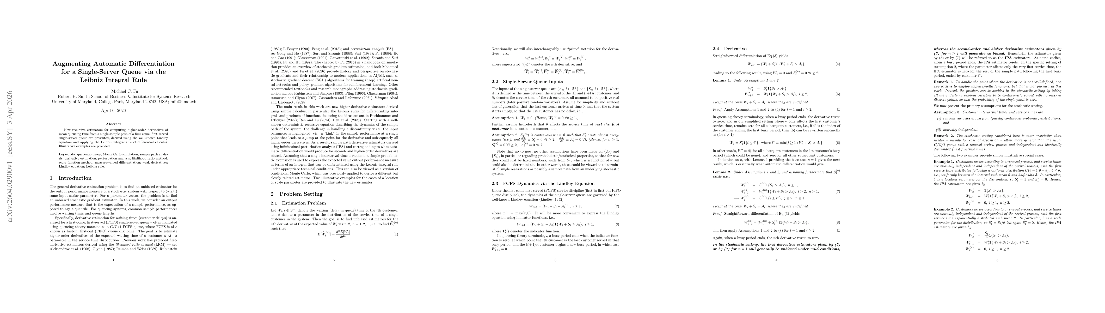 Thumbnail for Augmenting Automatic Differentiation for a Single-Server Queue via the Leibniz Integral Rule