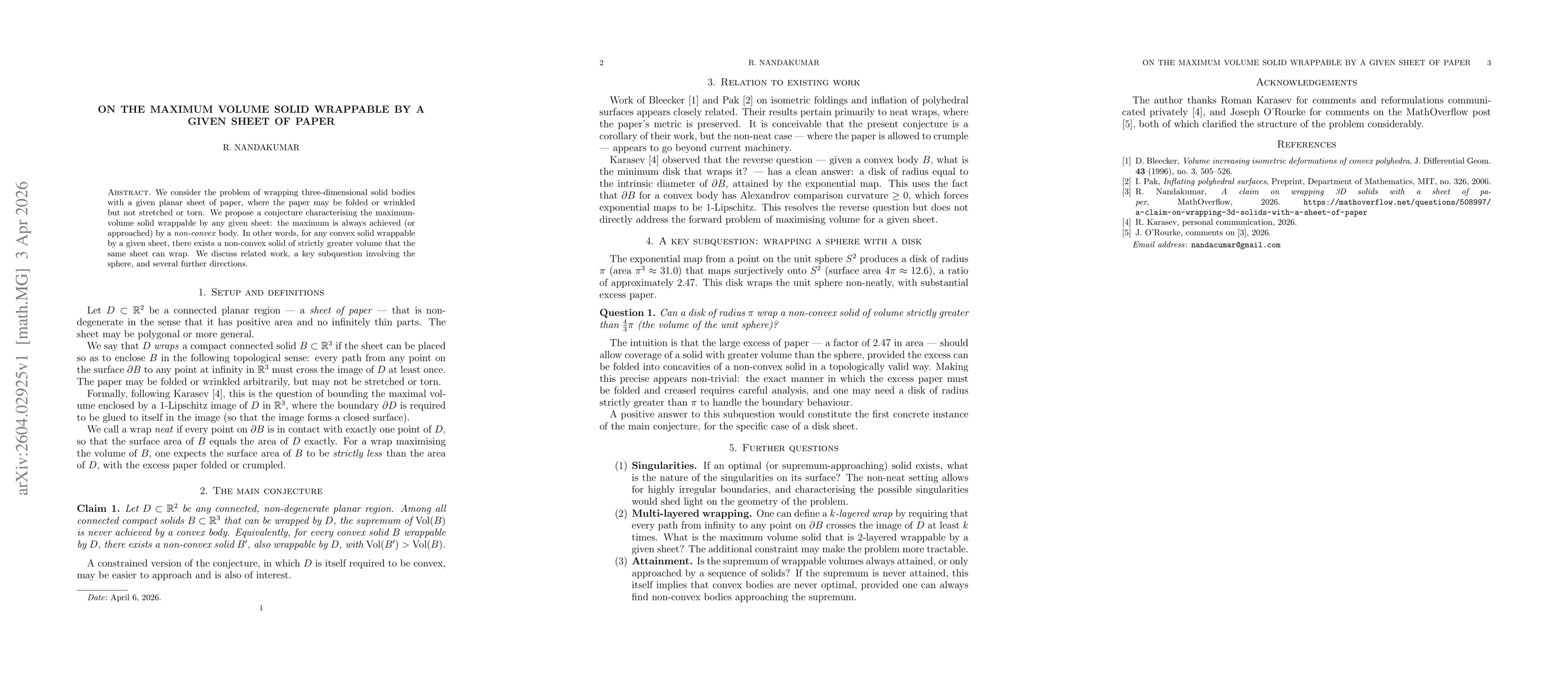 Thumbnail for On the maximum volume solid wrappable by a given sheet of paper