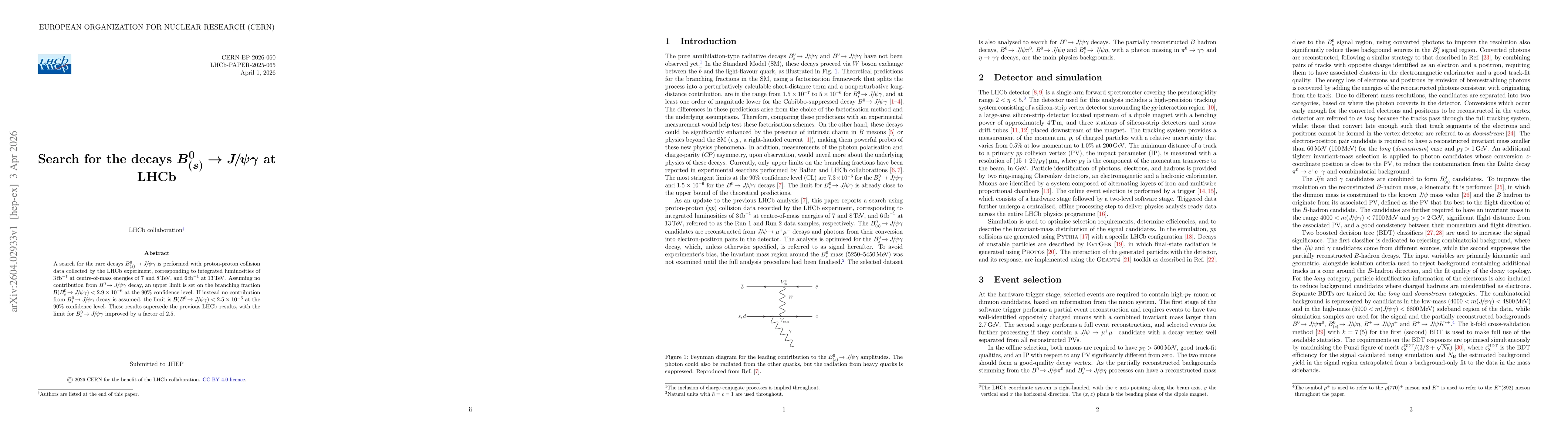 Thumbnail for Search for the decays $B_{(s)}^0\to J/ψγ$ at LHCb