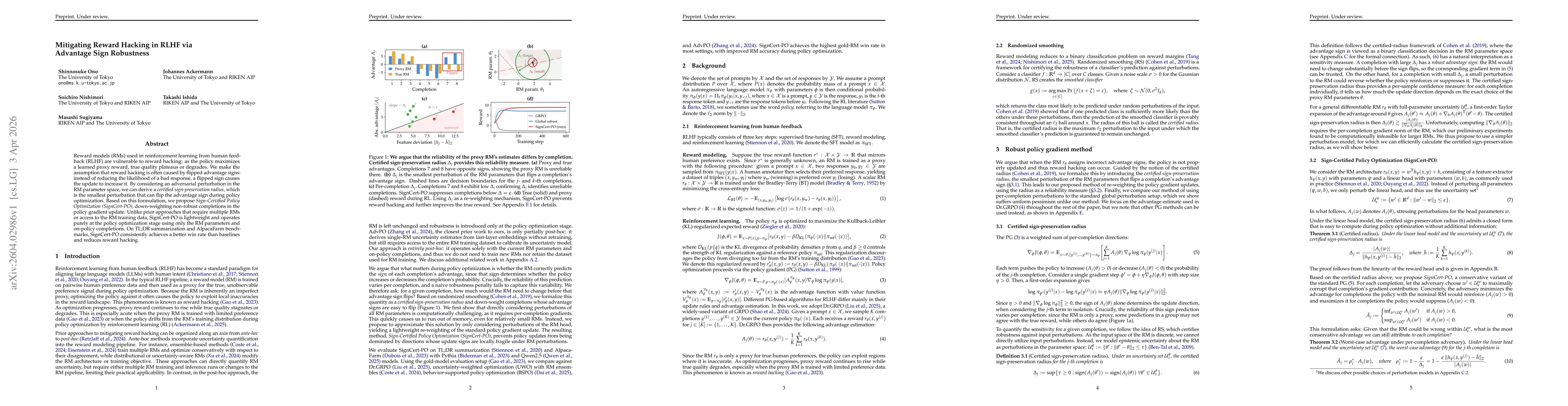 Thumbnail for Mitigating Reward Hacking in RLHF via Advantage Sign Robustness