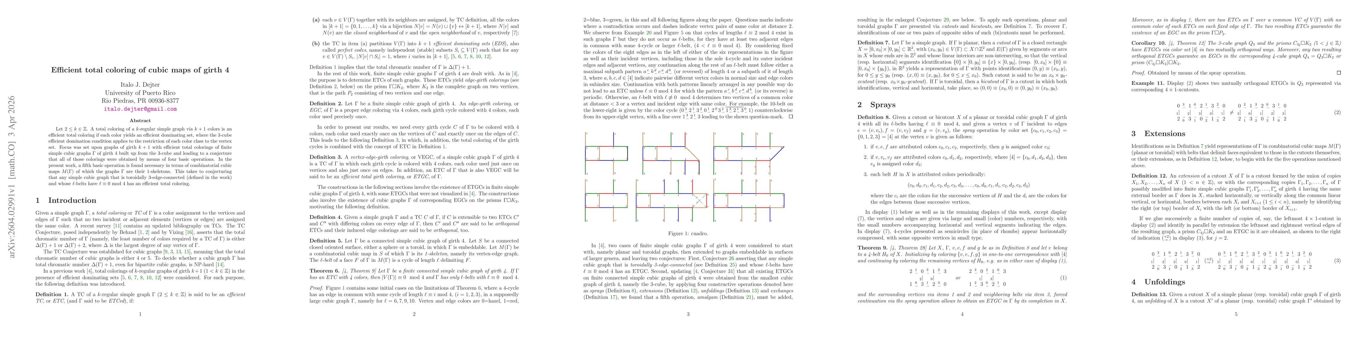 Thumbnail for Efficient total coloring of cubic maps of girth 4