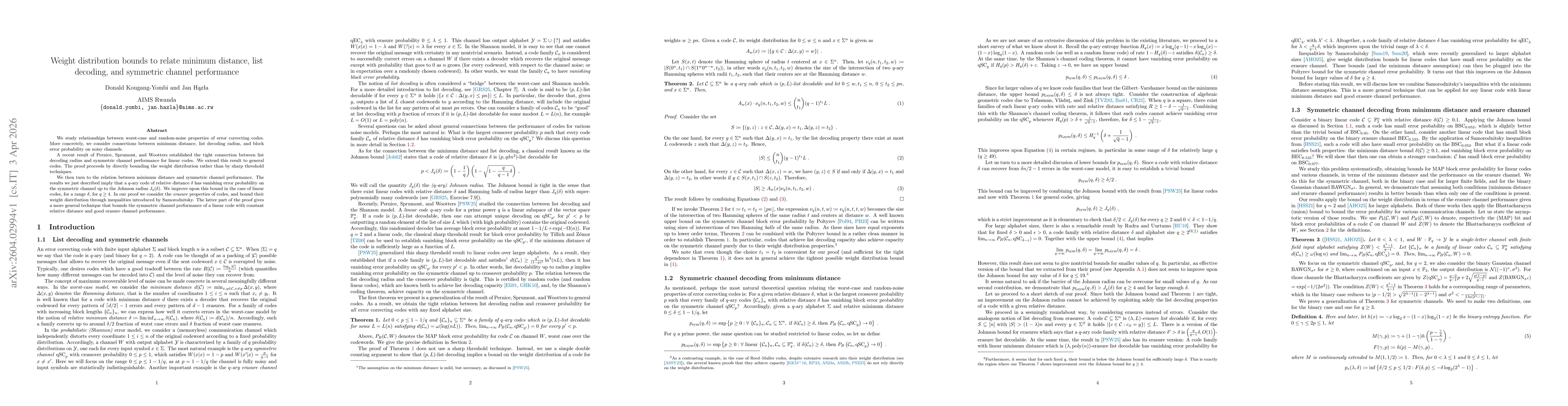 Thumbnail for Weight distribution bounds to relate minimum distance, list decoding, and symmetric channel performance
