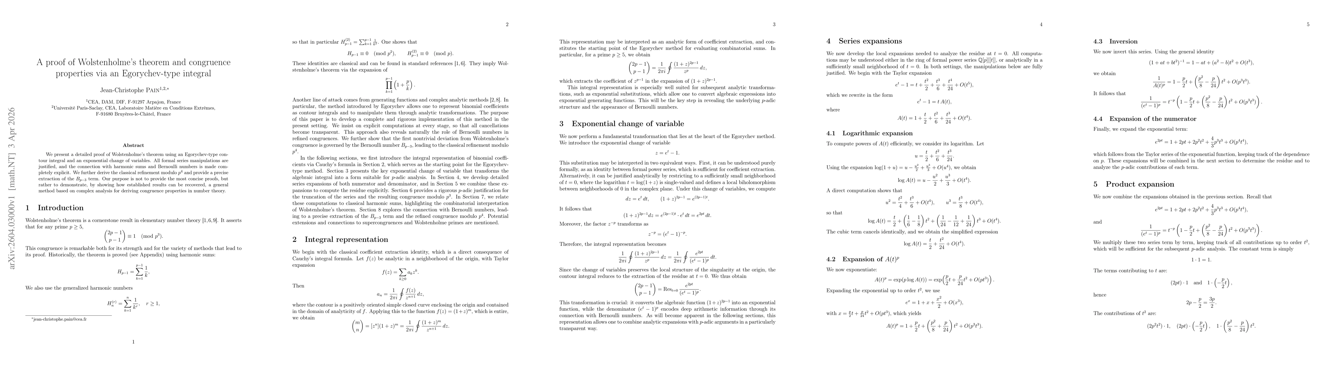 Thumbnail for A proof of Wolstenholme's theorem and congruence properties via an Egorychev-type integral