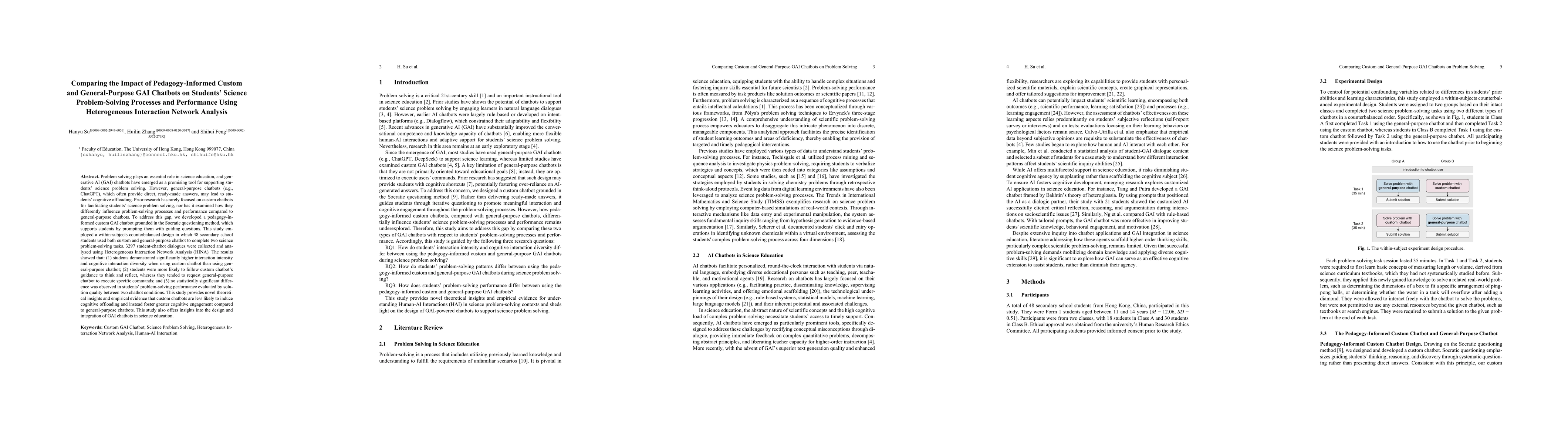 Thumbnail for Comparing the Impact of Pedagogy-Informed Custom and General-Purpose GAI Chatbots on Students' Science Problem-Solving Processes and Performance Using Heterogeneous Interaction Network Analysis
