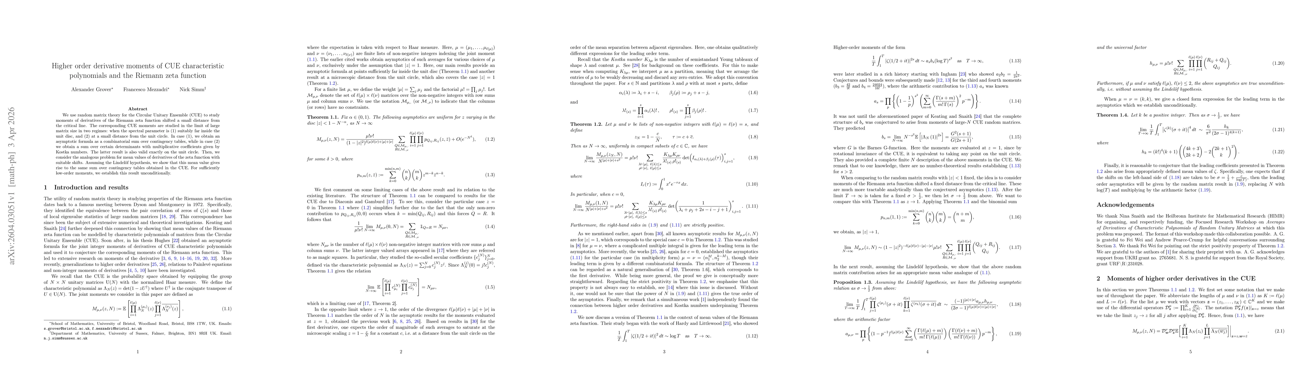 Thumbnail for Higher order derivative moments of CUE characteristic polynomials and the Riemann zeta function