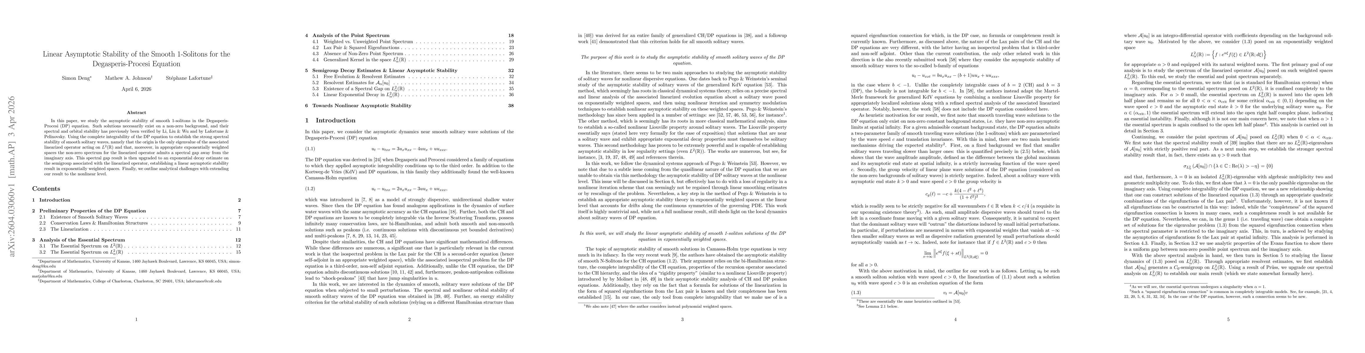 Thumbnail for Linear Asymptotic Stability of the Smooth 1-Solitons for the Degasperis-Procesi Equation