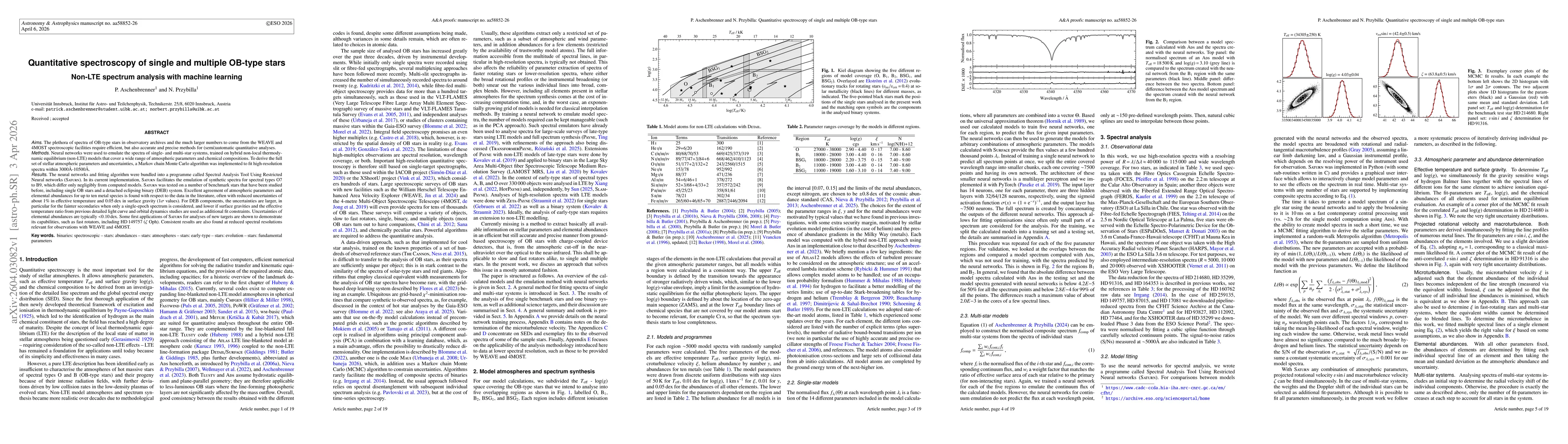 Thumbnail for Quantitative spectroscopy of single and multiple OB-type stars. Non-LTE spectrum analysis with machine learning