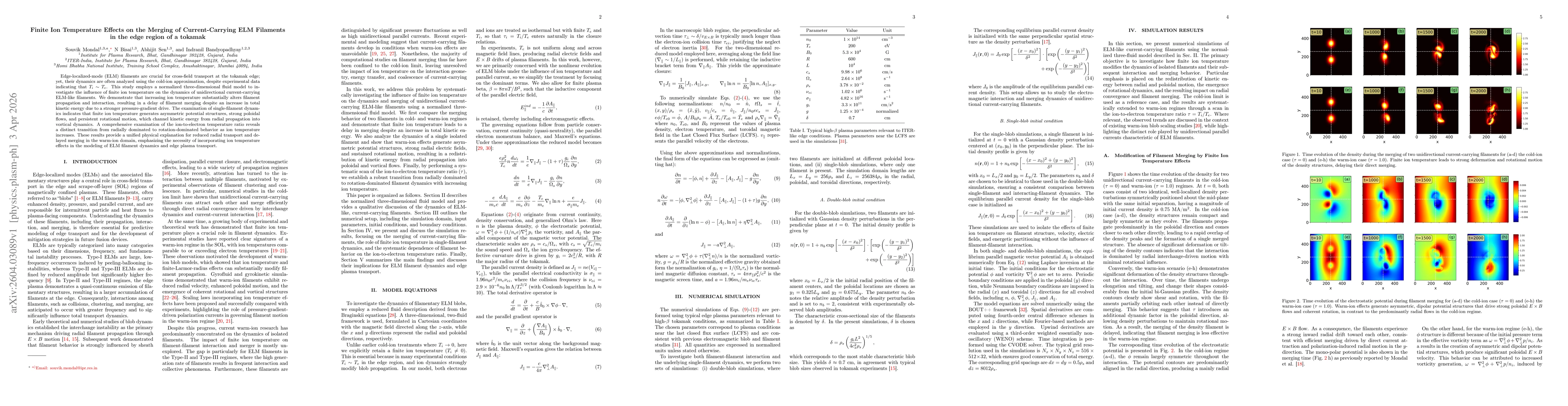 Thumbnail for Finite Ion Temperature Effects on the Merging of Current-Carrying ELM Filaments in the edge region of a tokamak