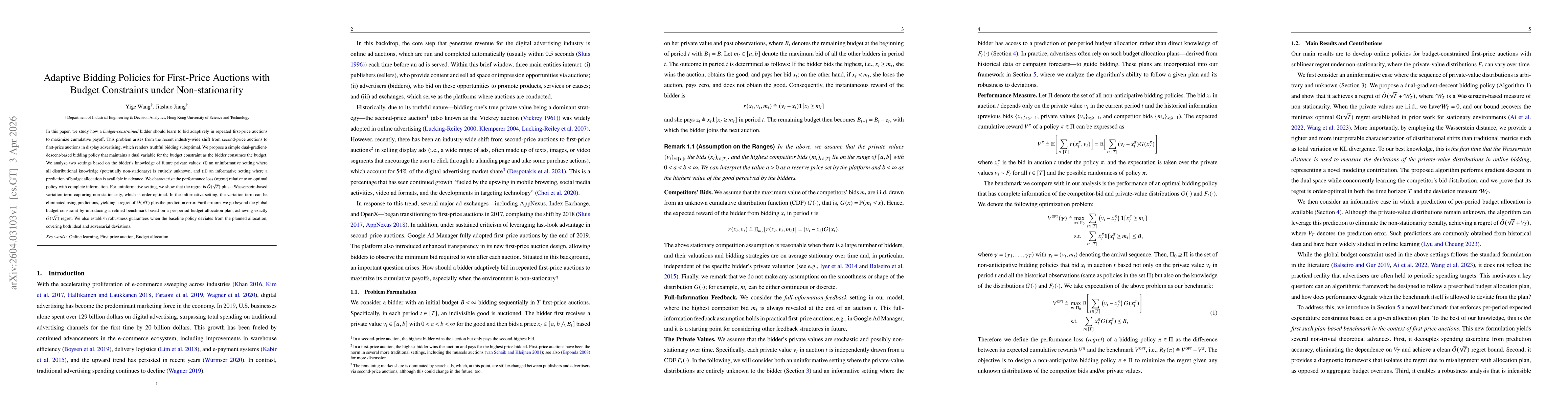Thumbnail for Adaptive Bidding Policies for First-Price Auctions with Budget Constraints under Non-stationarity