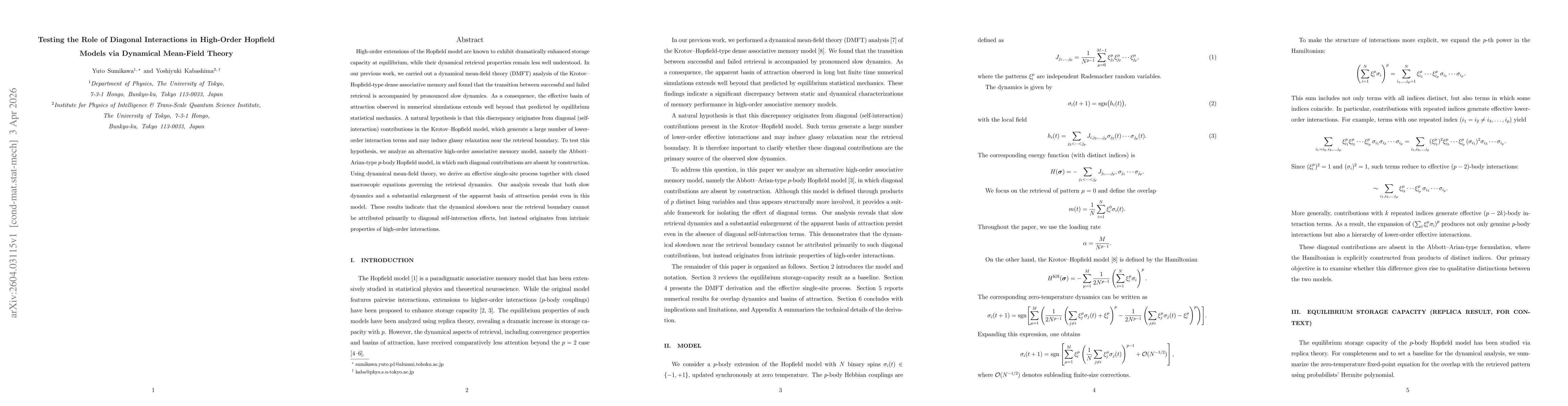 Thumbnail for Testing the Role of Diagonal Interactions in High-Order Hopfield Models via Dynamical Mean-Field Theory