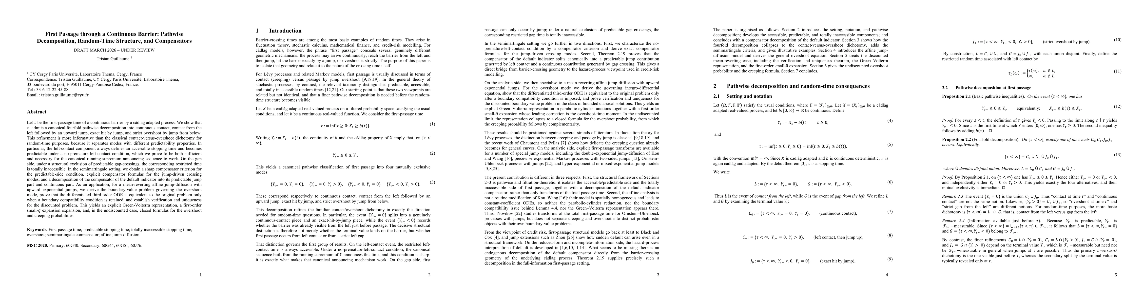 Thumbnail for First Passage through a Continuous Barrier: Pathwise Decomposition, Random-Time Structure, and Compensators