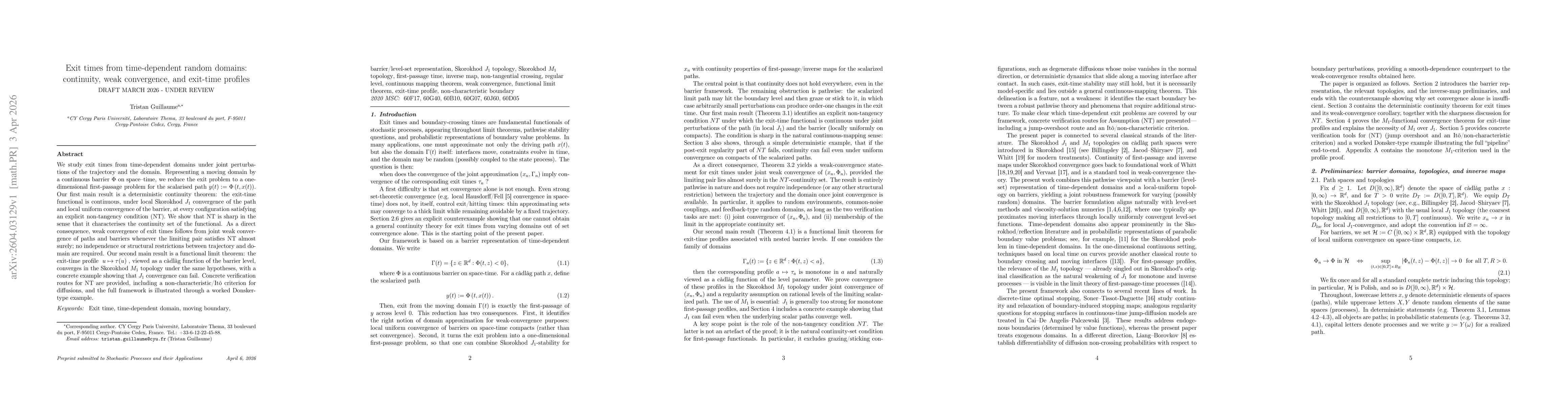 Thumbnail for Exit times from time-dependent random domains: continuity, weak convergence, and exit-time profiles Draft -currently under review at Stochastic Processes and their Applications