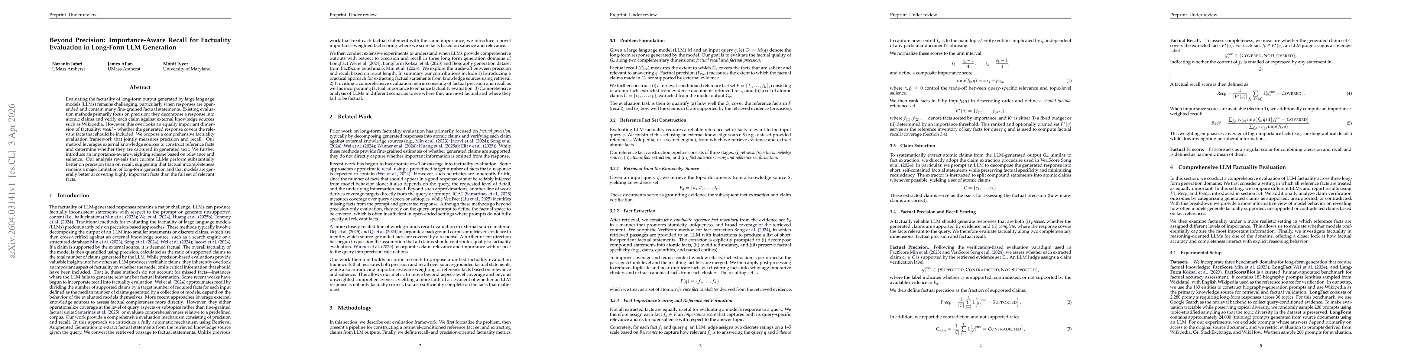 Thumbnail for Beyond Precision: Importance-Aware Recall for Factuality Evaluation in Long-Form LLM Generation