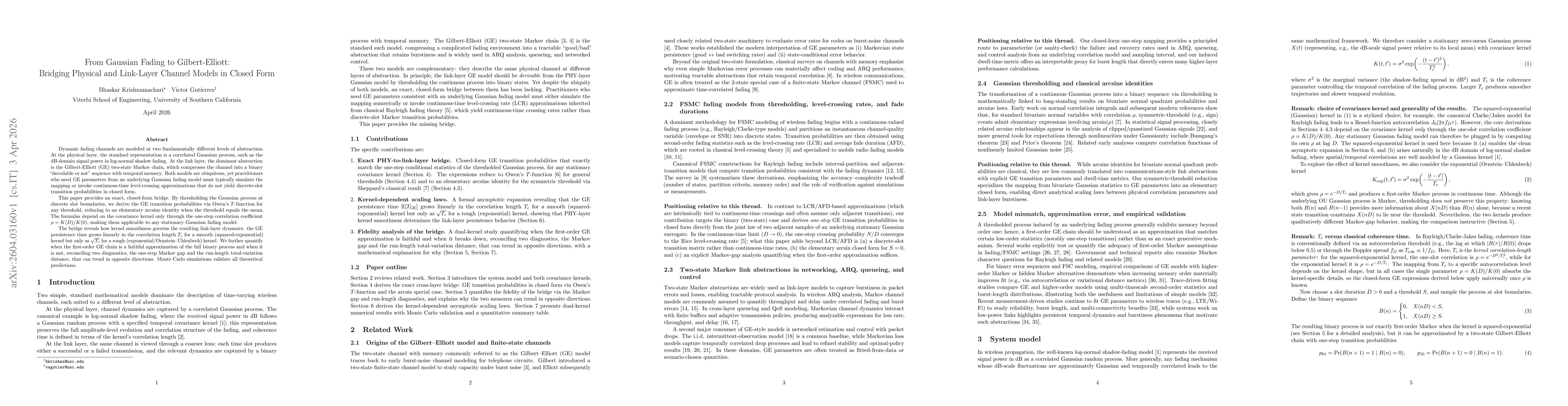 Thumbnail for From Gaussian Fading to Gilbert-Elliott: Bridging Physical and Link-Layer Channel Models in Closed Form