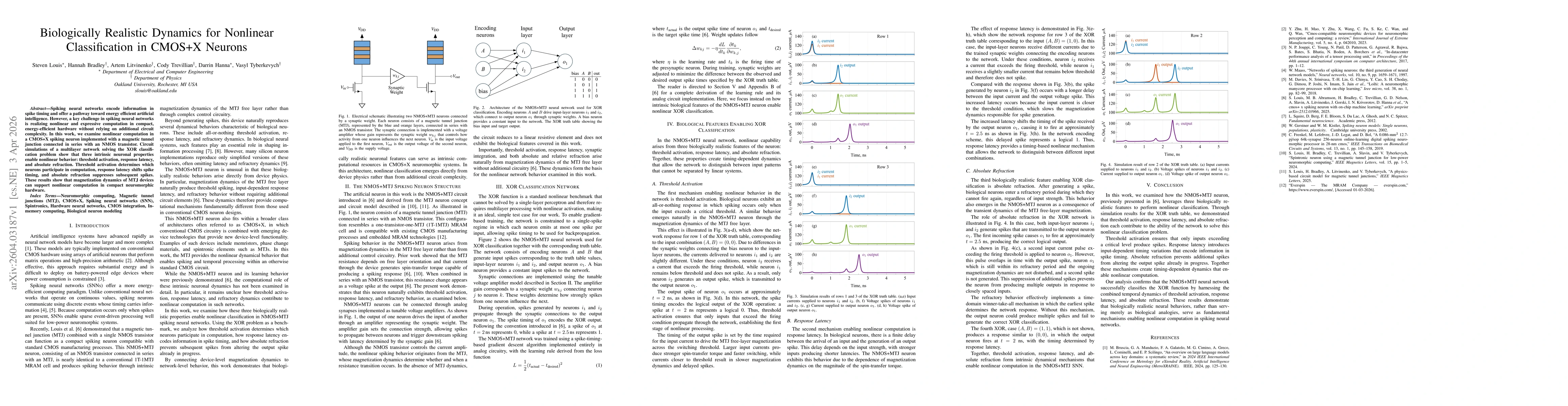 Thumbnail for Biologically Realistic Dynamics for Nonlinear Classification in CMOS+X Neurons