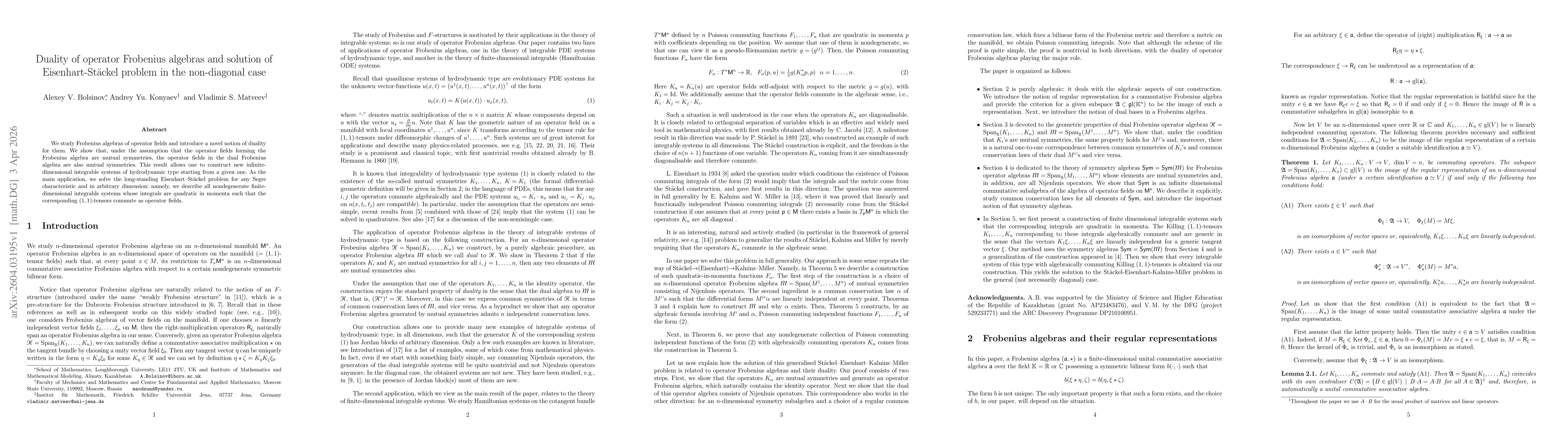 Thumbnail for Duality of operator Frobenius algebras and solution of Eisenhart-Stäckel problem in the non-diagonal case