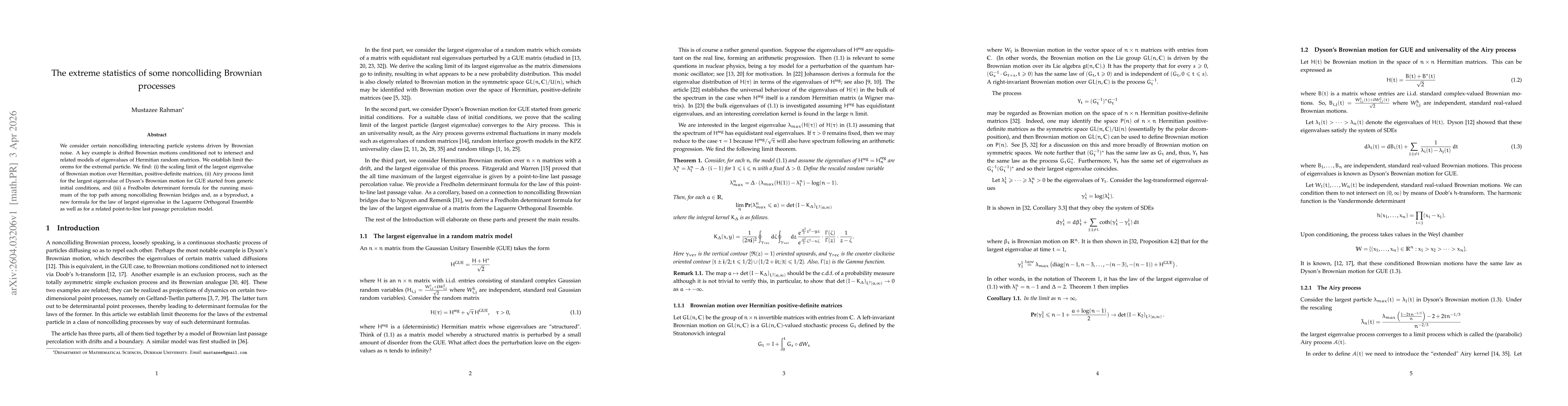 Thumbnail for The extreme statistics of some noncolliding Brownian processes