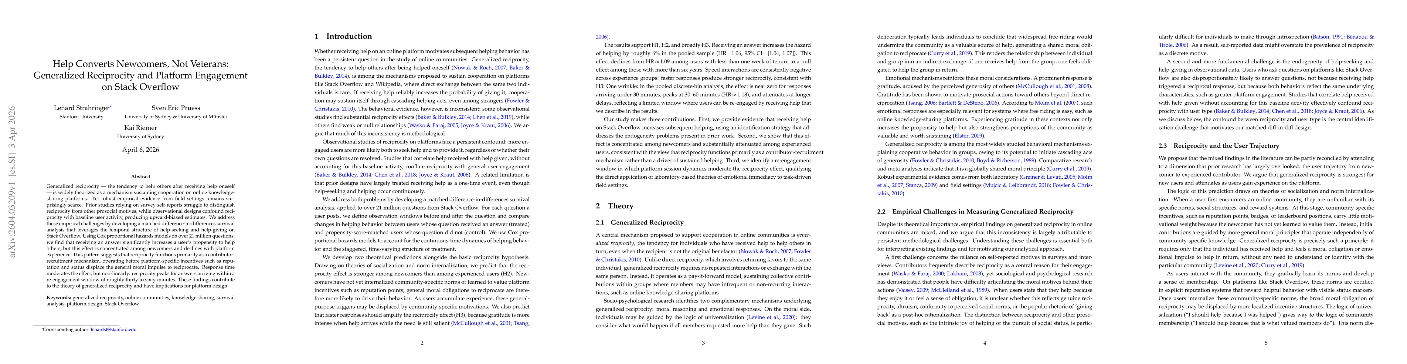 Thumbnail for Help Converts Newcomers, Not Veterans: Generalized Reciprocity and Platform Engagement on Stack Overflow
