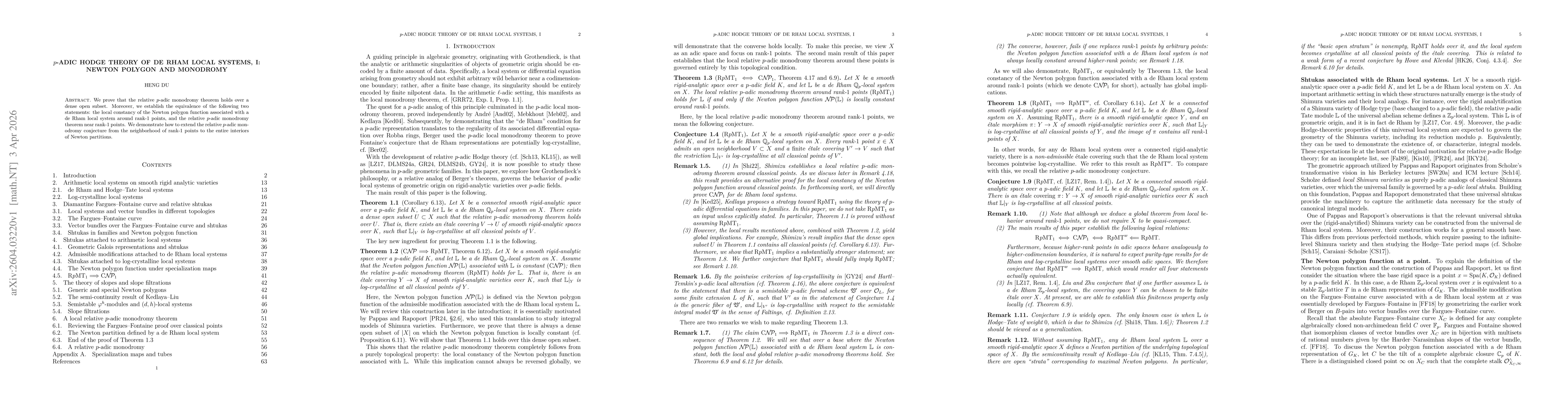 Thumbnail for p-adic Hodge theory of de Rham local systems, I: Newton polygon and monodromy
