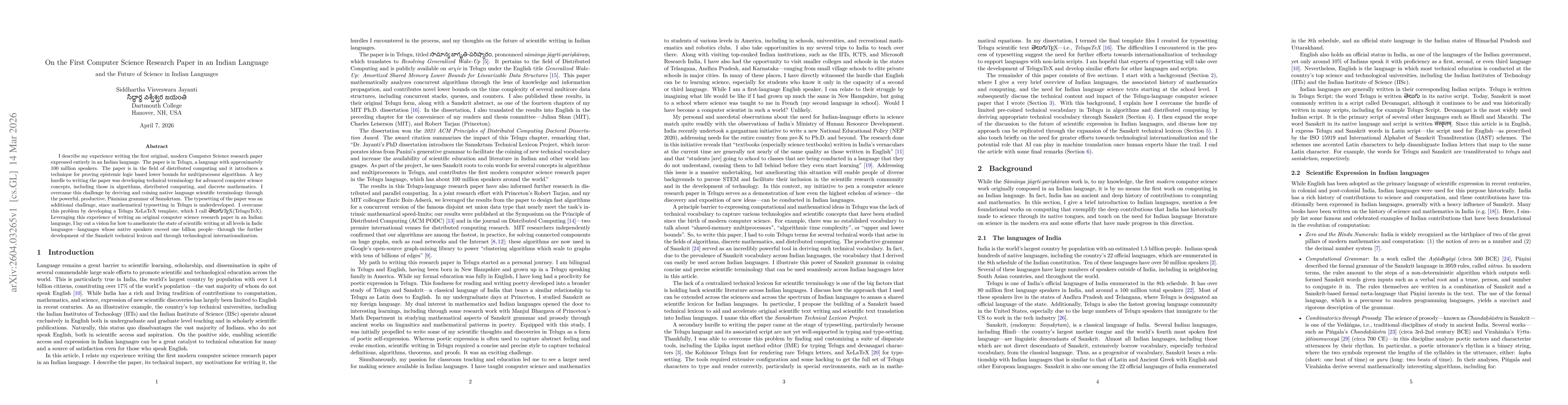 Thumbnail for On the First Computer Science Research Paper in an Indian Language and the Future of Science in Indian Languages