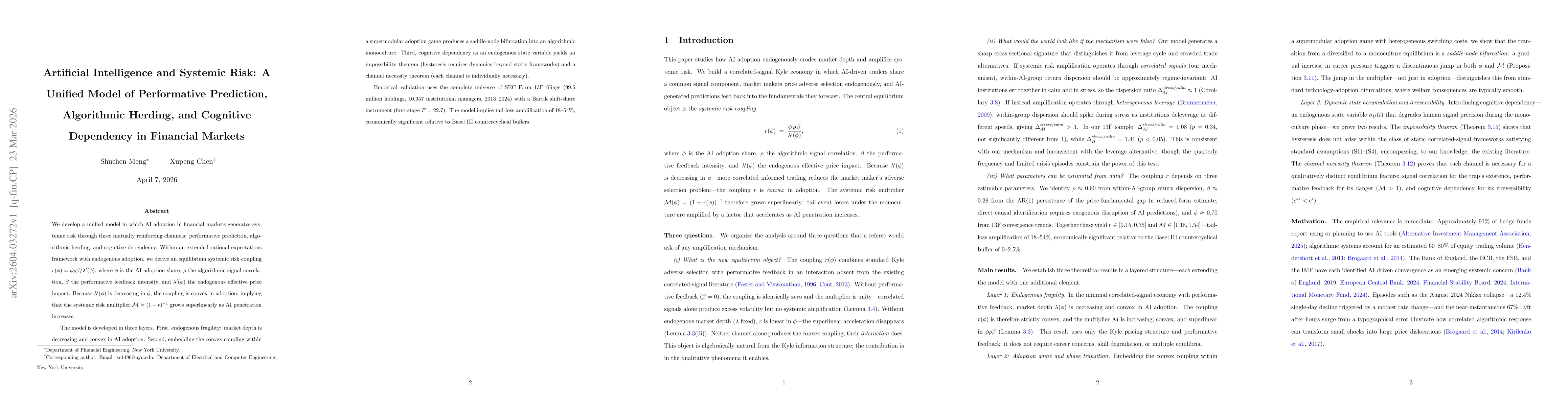 Thumbnail for Artificial Intelligence and Systemic Risk: A Unified Model of Performative Prediction, Algorithmic Herding, and Cognitive Dependency in Financial Markets