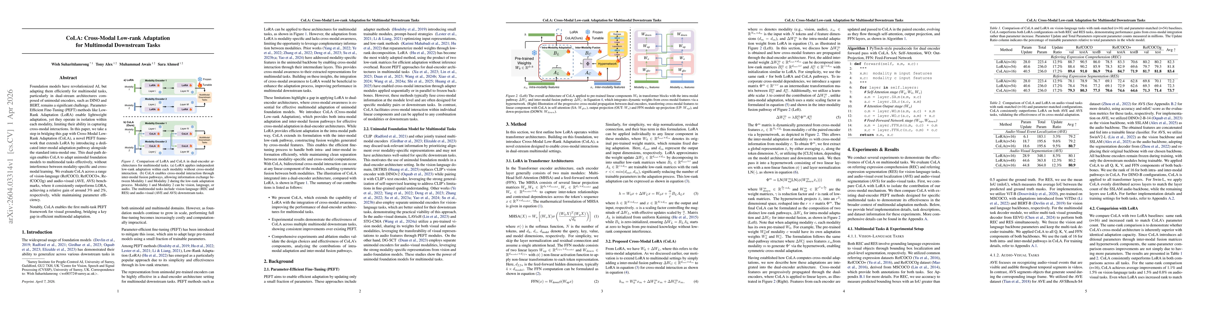 Thumbnail for CoLA: Cross-Modal Low-rank Adaptation for Multimodal Downstream Tasks