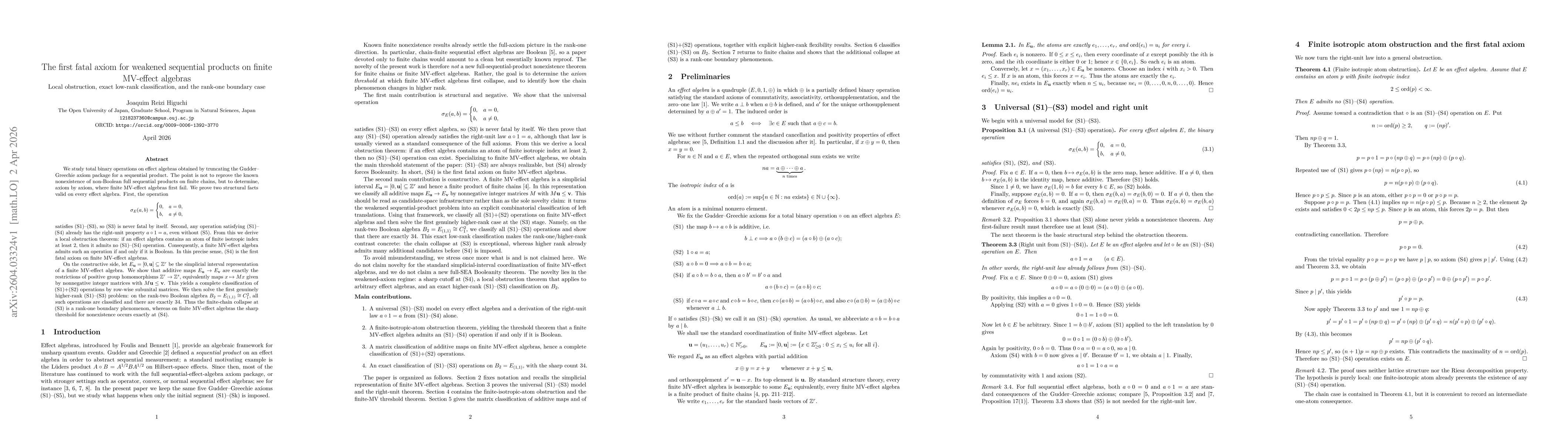 Thumbnail for The first fatal axiom for weakened sequential products on finite MV-effect algebras: Local obstruction, exact low-rank classification, and the rank-one boundary case