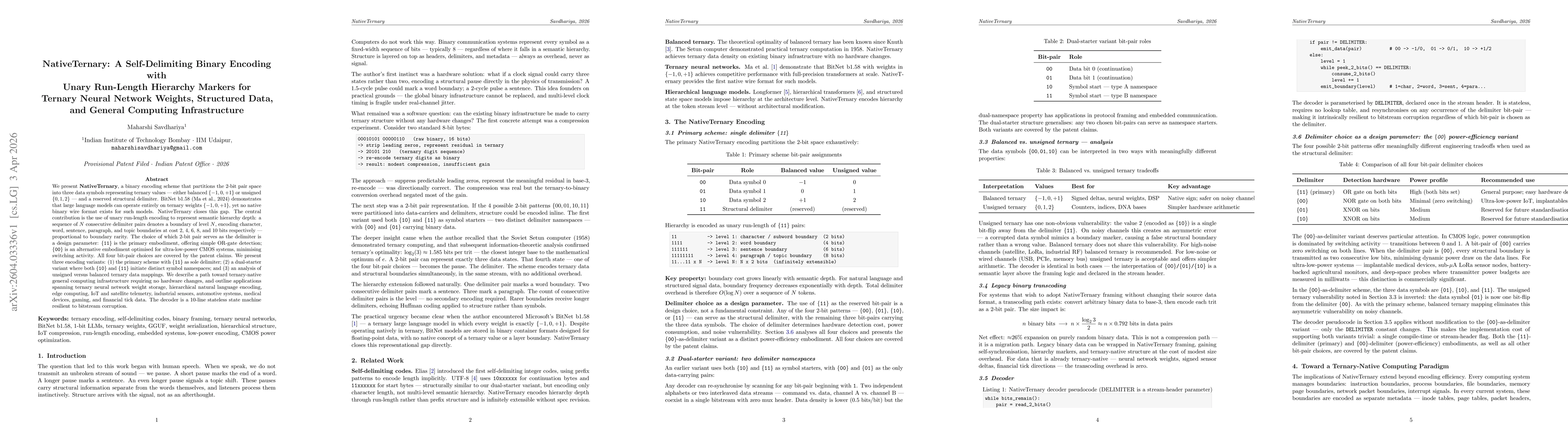 Thumbnail for NativeTernary: A Self-Delimiting Binary Encoding with Unary Run-Length Hierarchy Markers for Ternary Neural Network Weights, Structured Data, and General Computing Infrastructure