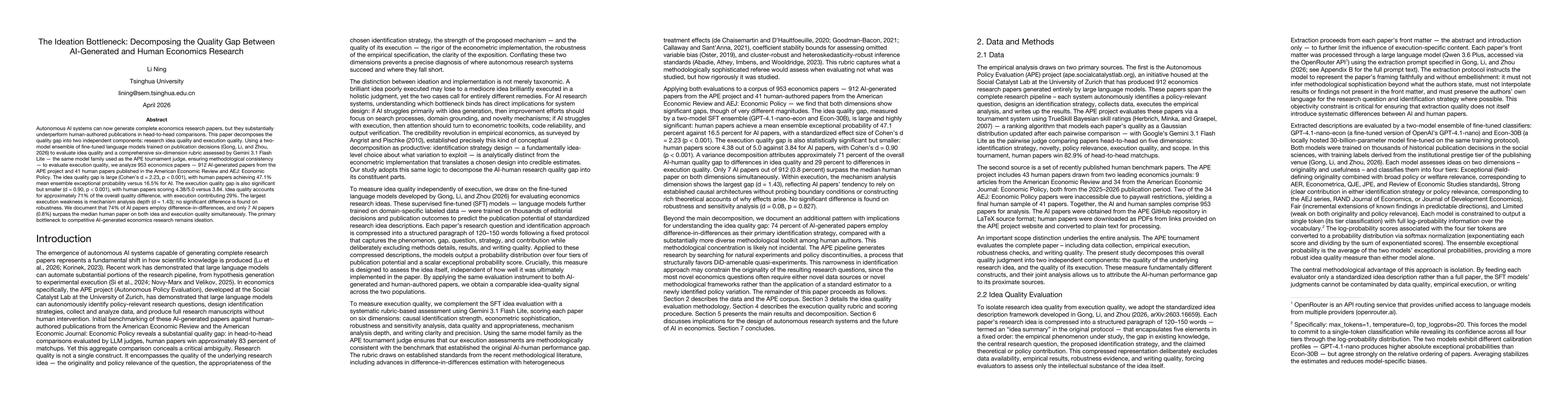 Thumbnail for The Ideation Bottleneck: Decomposing the Quality Gap Between AI-Generated and Human Economics Research