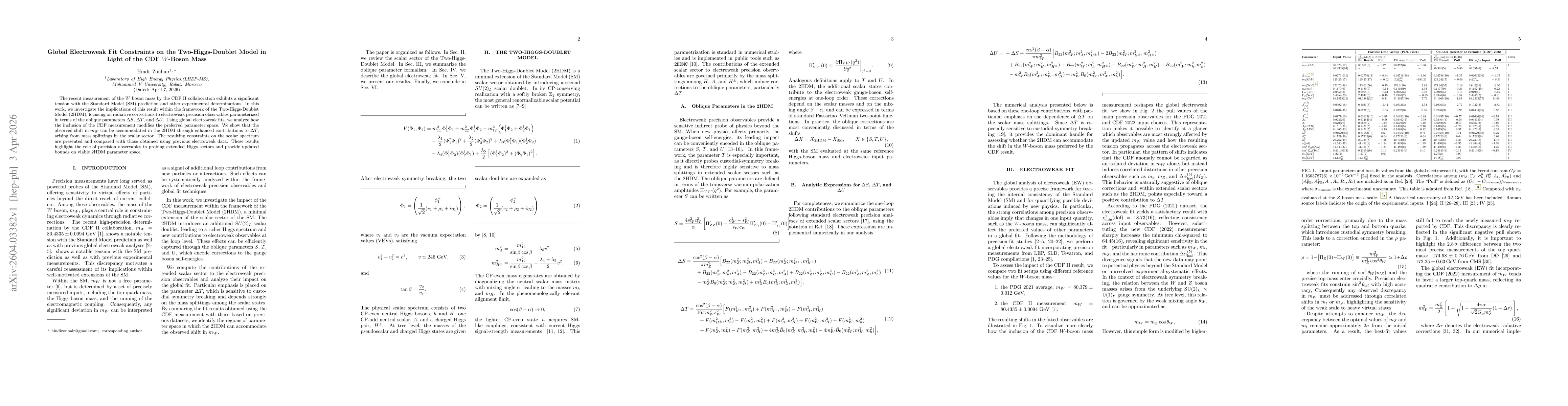 Thumbnail for Global Electroweak Fit Constraints on the Two-Higgs-Doublet Model in Light of the CDF W -Boson Mass