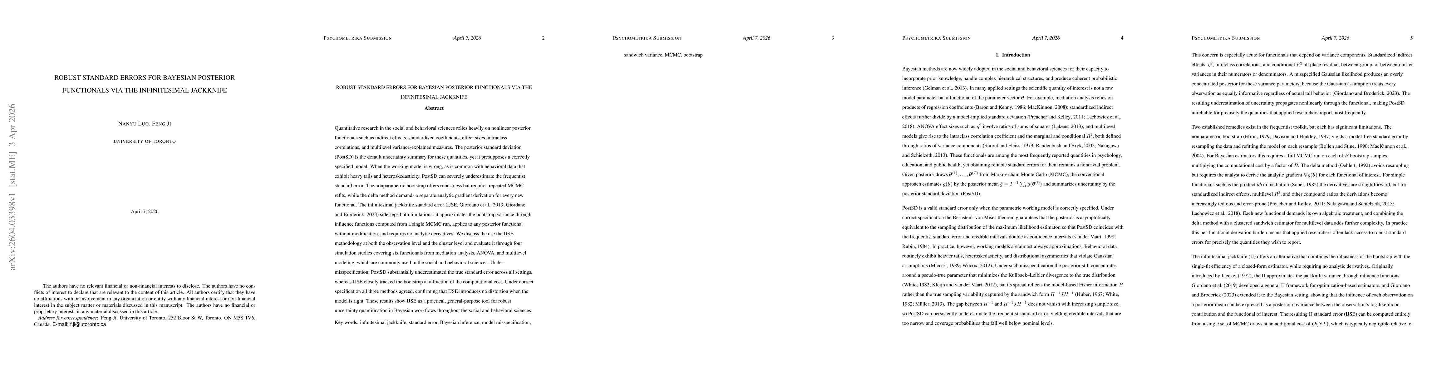 Thumbnail for Robust Standard Errors for Bayesian Posterior Functionals via the Infinitesimal Jackknife