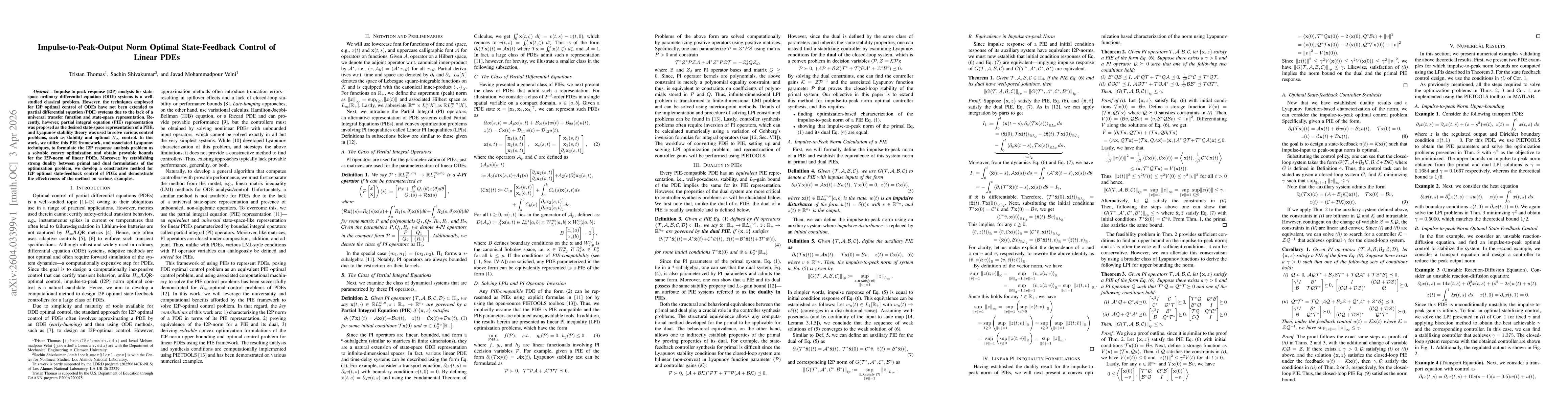 Thumbnail for Impulse-to-Peak-Output Norm Optimal State-Feedback Control of Linear PDEs