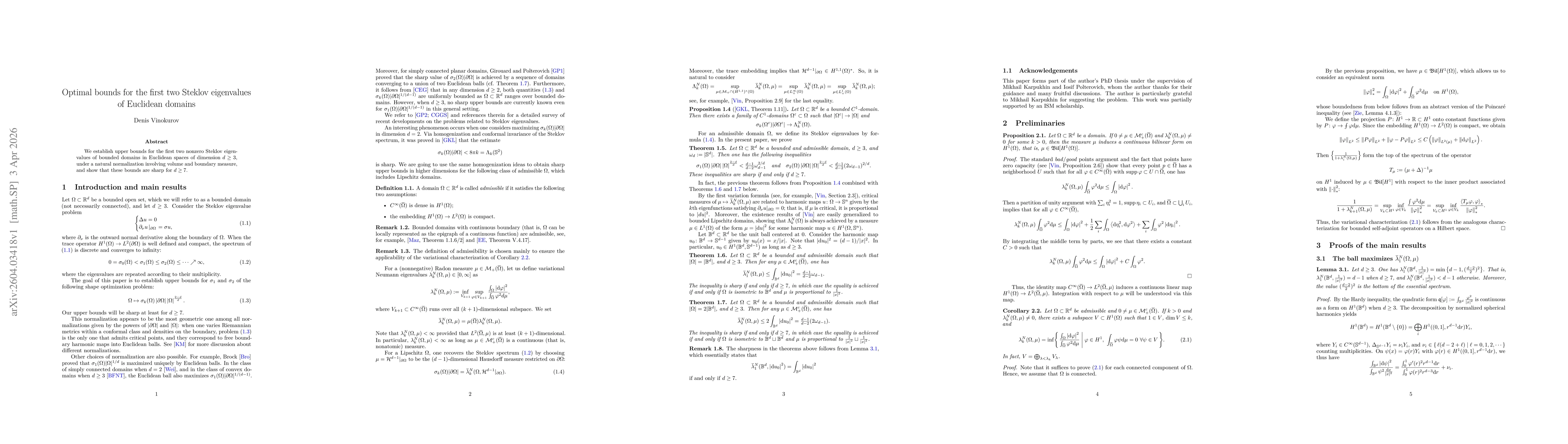 Thumbnail for Optimal bounds for the first two Steklov eigenvalues of Euclidean domains