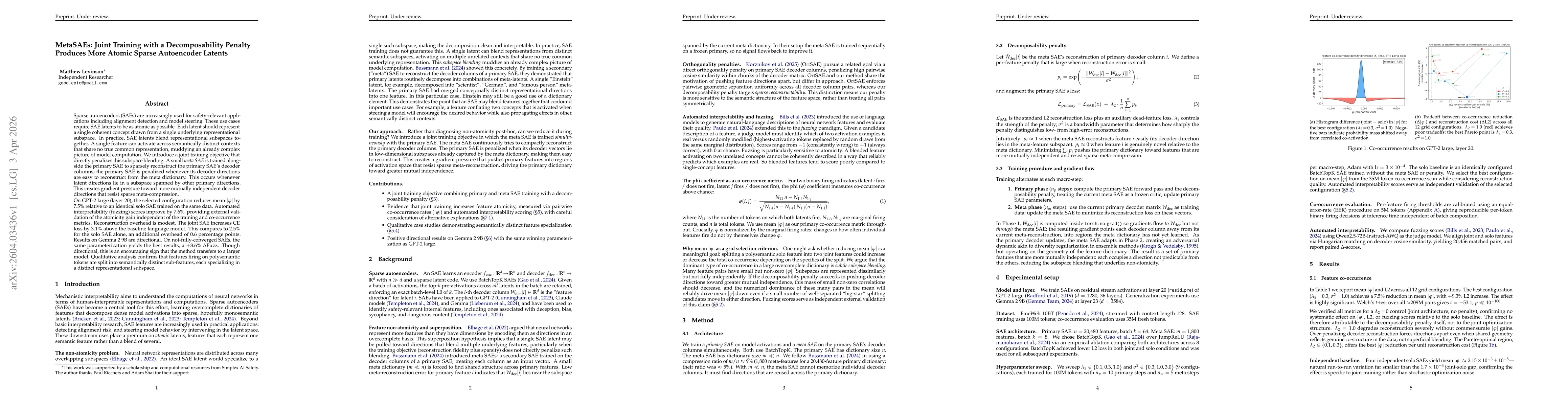 Thumbnail for MetaSAEs: Joint Training with a Decomposability Penalty Produces More Atomic Sparse Autoencoder Latents